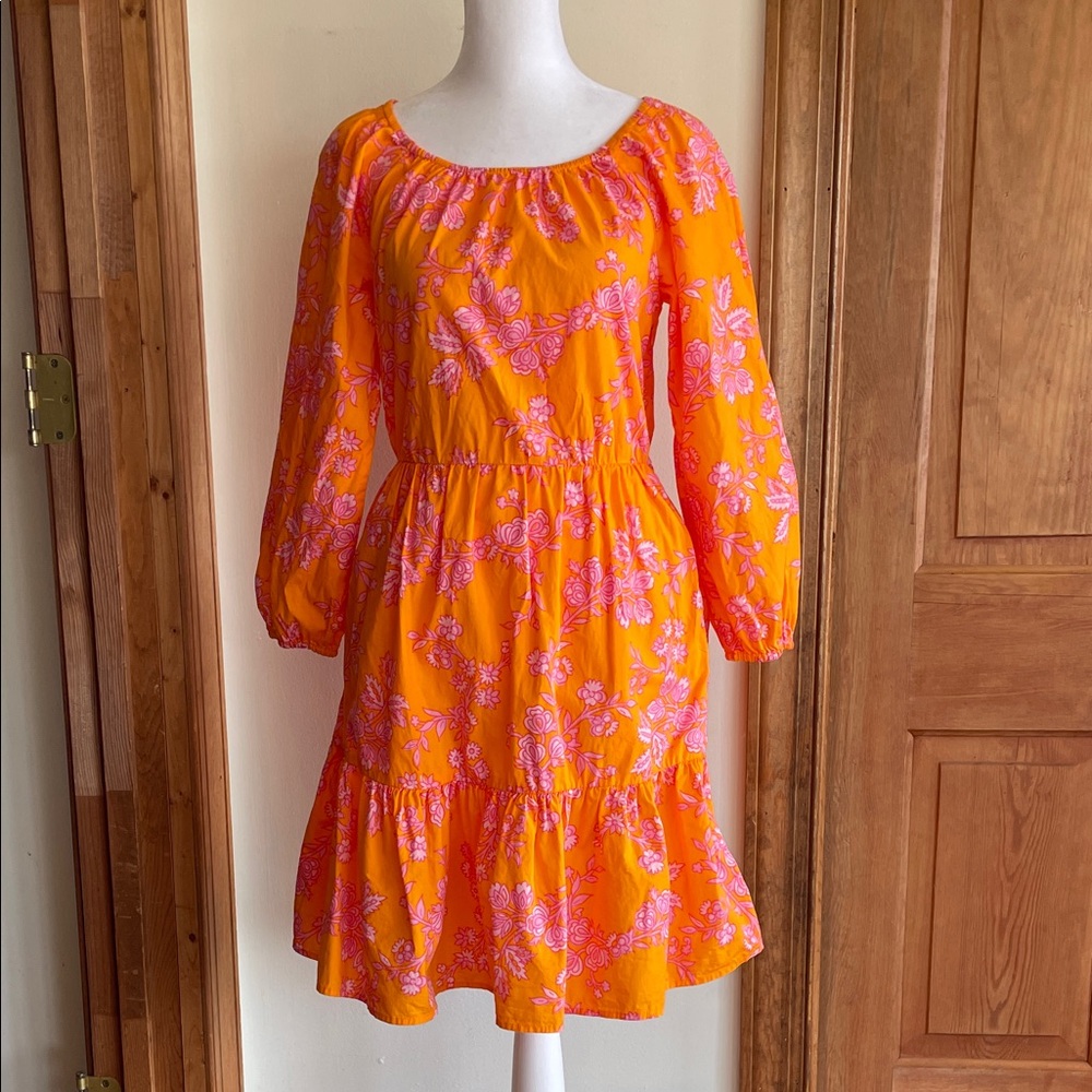 J. CREW Scoopneck Tiered Mini Orange Pink Floral Long Sleeve Dress